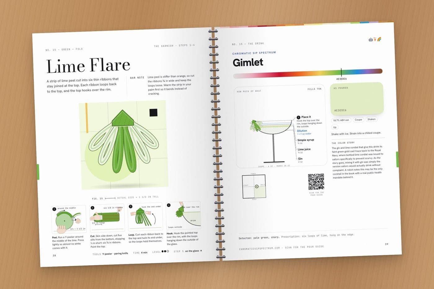 The book open to the Lime Flare steps and the Gimlet drink page.